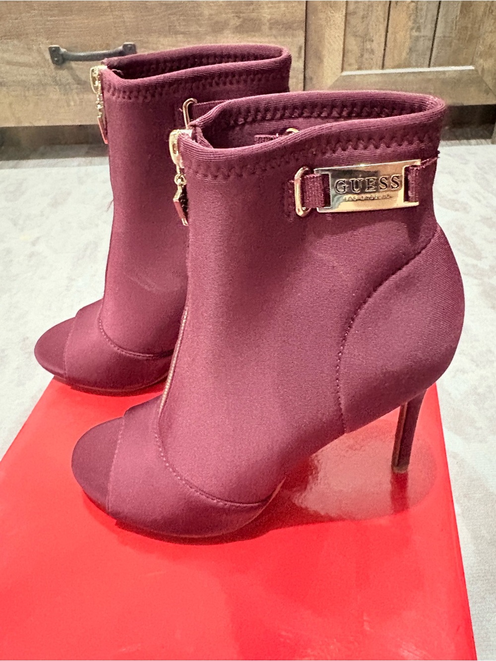 Guess Burgundy Peep-Toe Front-Zip Stretch Booties - Picture 2 of 4